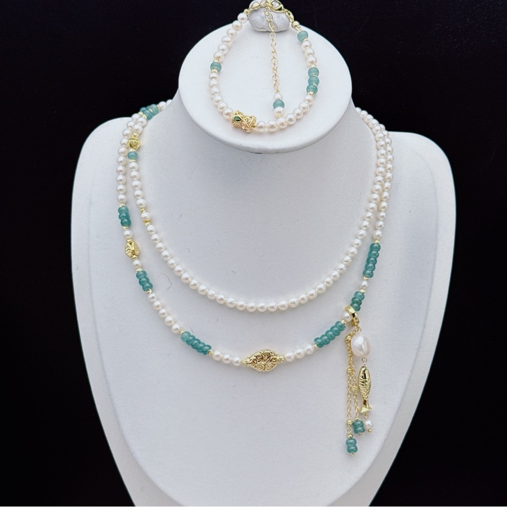 X668 Handmade High Quality Freshwater Pearl Jade Long Necklace and Bracelet Set - Picture 8 of 11